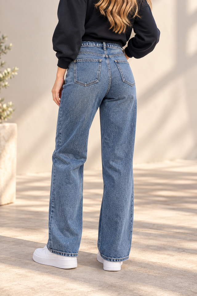 Yüksek Bel Wide Leg Jean Pantolon-1048