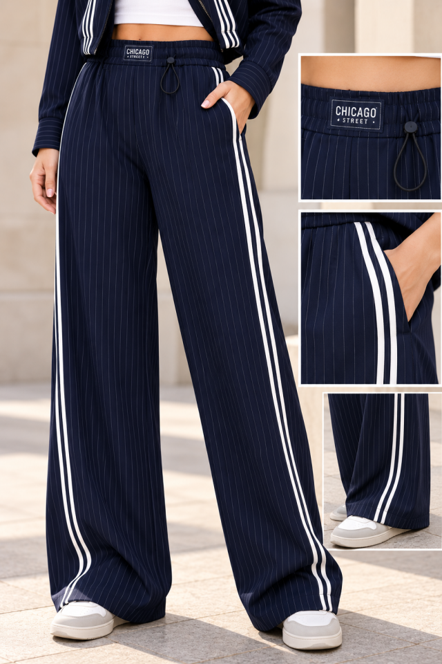 Kadın Lacivert Çizgili Bol Paça Spor Pantolon-269904