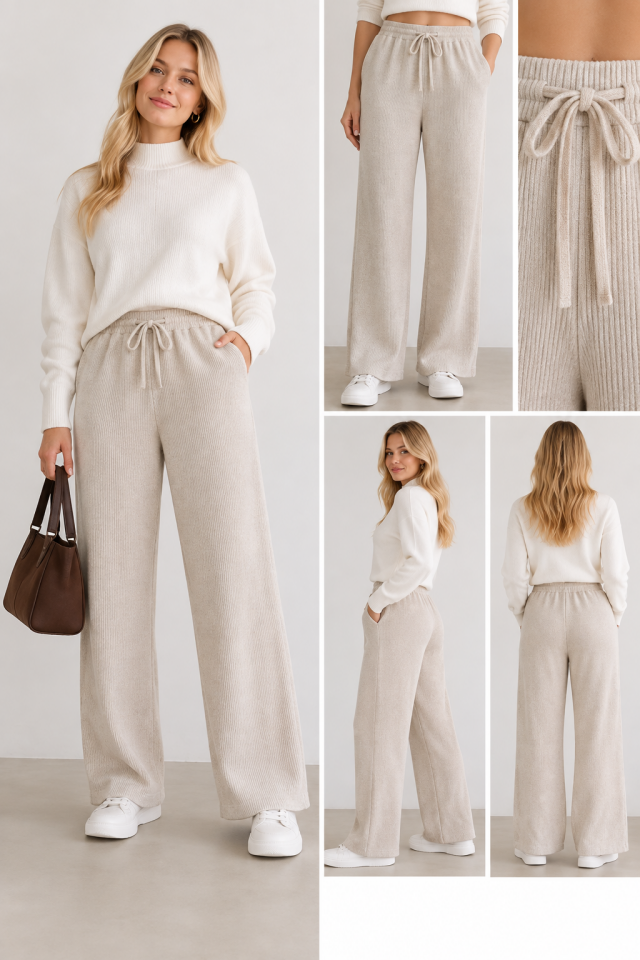 Kadın Beli Lastikli Bağcıklı Bol Paça Triko Pantolon-00093