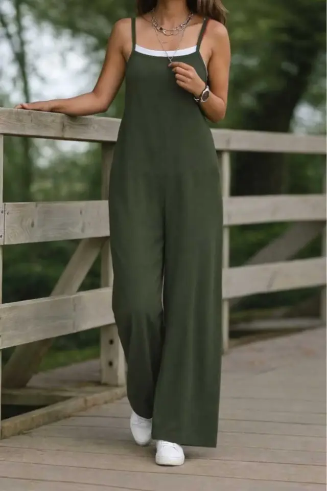 Askılı Yandan Fermuarlı Geniş Paça Tulum