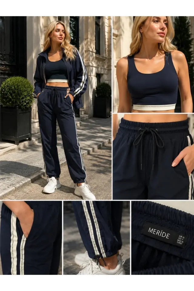 Kadın Lacivert Spor Takım – Şerit Detaylı Crop, Oversize Ceket ve Lastikli Bağcıklı Pantolon - 2322