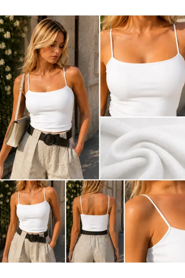 İnce Askılı Kadın Crop Bluz – Vücuda Oturan Basic Crop Top
