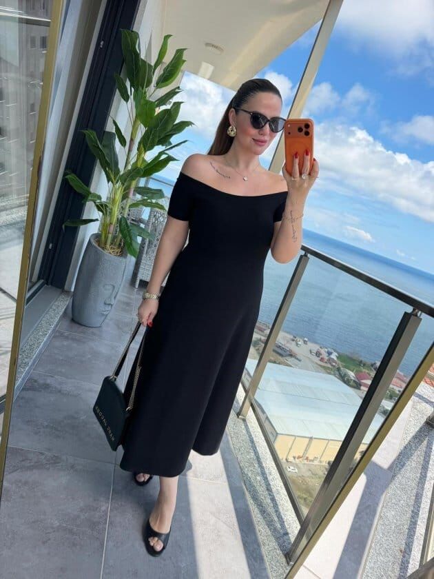 Kadın Madonna Yaka Midi Boy Modal Siyah Elbise - 62608