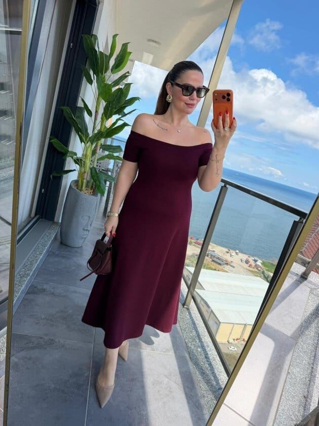 Kadın Madonna Yaka Midi Boy Modal Siyah Elbise - 62608