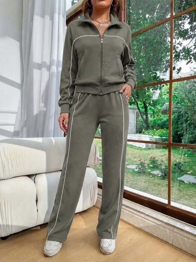 Uzun Kollu Önden Fermuarlı Bluz Ve Pantolon Modal İkili Takım- 61941
